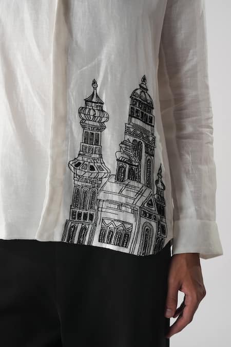 Buy_Orthodox_White Cotton Embroidery Silk Casual Shirt _Online_at_Aza_Fashions