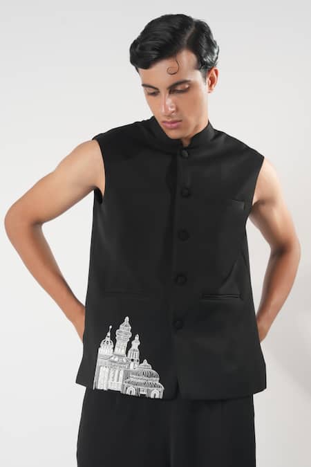 Orthodox_Black Crepe Embroidery Sleeveless Sadri With _Online_at_Aza_Fashions