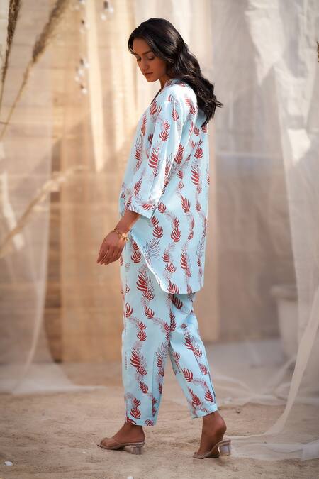 Charkhee Blue Cotton Satin Zari Split V-neck Leaf Printed Kurta Set Online at Aza Fashions Charkhee_Blue Cotton Satin Zari Split V-neck Leaf Printed Kurta Set _Online_at_Aza_Fashions