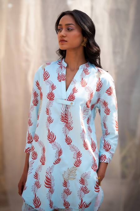 Shop Charkhee Blue Cotton Satin Zari Split V-neck Leaf Printed Kurta Set Online at Aza Fashions Shop_Charkhee_Blue Cotton Satin Zari Split V-neck Leaf Printed Kurta Set _Online_at_Aza_Fashions