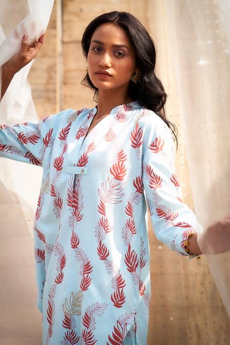 Charkhee Blue Cotton Satin Zari Split V-neck Leaf Printed Kurta Set at Aza Fashions Charkhee_Blue Cotton Satin Zari Split V-neck Leaf Printed Kurta Set _at_Aza_Fashions