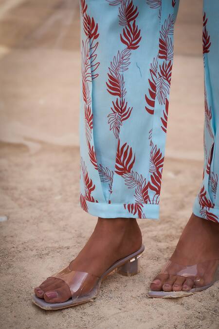 Buy Charkhee Blue Cotton Satin Zari Split V-neck Leaf Printed Kurta Set Buy_Charkhee_Blue Cotton Satin Zari Split V-neck Leaf Printed Kurta Set