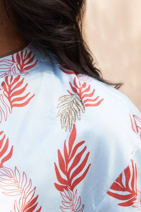 Shop Charkhee Blue Cotton Satin Zari Split V-neck Leaf Printed Kurta Set Shop_Charkhee_Blue Cotton Satin Zari Split V-neck Leaf Printed Kurta Set