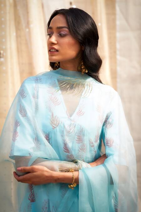 Charkhee Blue Cotton Satin, Organza Zari V-neck Leaf-printed Kurta Set Online at Aza Fashions Charkhee_Blue Cotton Satin, Organza Zari V-neck Leaf-printed Kurta Set _Online_at_Aza_Fashions