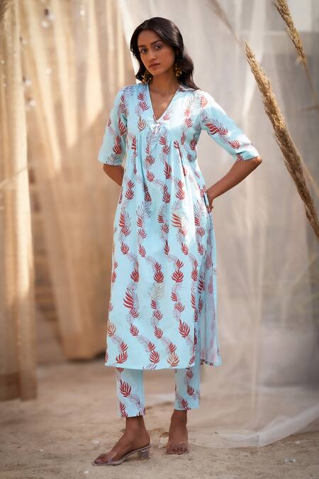 Shop Charkhee Blue Cotton Satin, Organza Zari V-neck Leaf-printed Kurta Set Online at Aza Fashions Shop_Charkhee_Blue Cotton Satin, Organza Zari V-neck Leaf-printed Kurta Set _Online_at_Aza_Fashions