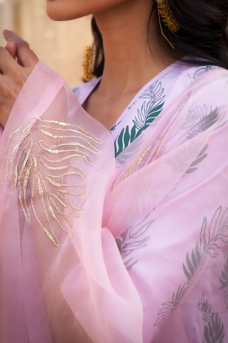 Charkhee Pink Cotton Satin, Organza Zari V-neck Leaf-printed Kurta Set Online at Aza Fashions Charkhee_Pink Cotton Satin, Organza Zari V-neck Leaf-printed Kurta Set _Online_at_Aza_Fashions