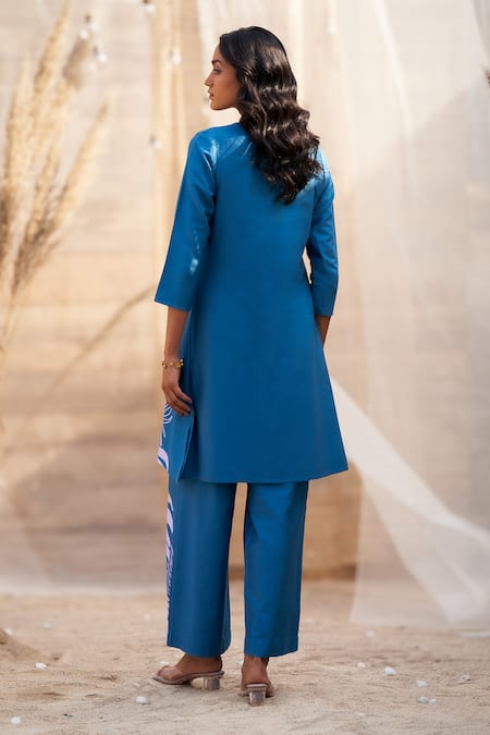 Shop Charkhee Blue Cotton Satin Open Neck Bold Leaf-print Co-ord Set at Aza Fashions Shop_Charkhee_Blue Cotton Satin Open Neck Bold Leaf-print Co-ord Set _at_Aza_Fashions