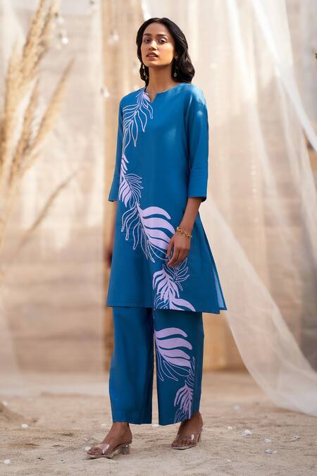 Charkhee Blue Cotton Satin Open Neck Bold Leaf-print Co-ord Set Online at Aza Fashions Charkhee_Blue Cotton Satin Open Neck Bold Leaf-print Co-ord Set _Online_at_Aza_Fashions