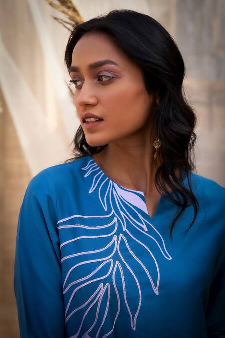 Charkhee Blue Cotton Satin Open Neck Bold Leaf-print Co-ord Set at Aza Fashions Charkhee_Blue Cotton Satin Open Neck Bold Leaf-print Co-ord Set _at_Aza_Fashions