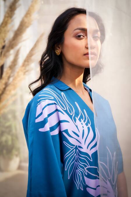 Charkhee Blue Cotton Satin V-neck Leaf-print Co-ord Set at Aza Fashions Charkhee_Blue Cotton Satin V-neck Leaf-print Co-ord Set _at_Aza_Fashions