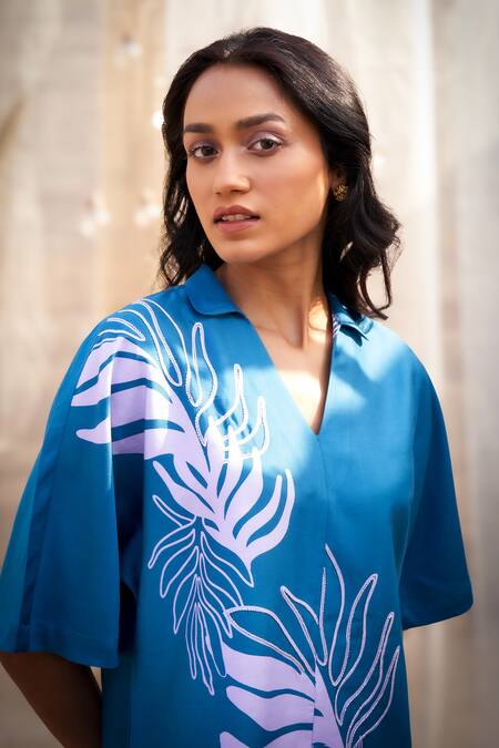 Buy Charkhee Blue Cotton Satin V-neck Leaf-print Co-ord Set Buy_Charkhee_Blue Cotton Satin V-neck Leaf-print Co-ord Set