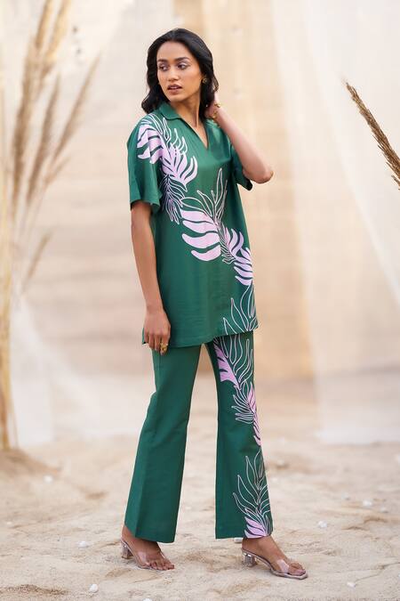 Charkhee_Green Cotton Satin V-neck Leaf-print Co-ord Set _at_Aza_Fashions