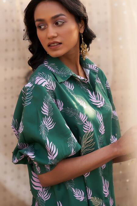 Buy Charkhee Green Cotton Satin Zari Collared Leaf-print Co-ord Set Online at Aza Fashions Buy_Charkhee_Green Cotton Satin Zari Collared Leaf-print Co-ord Set _Online_at_Aza_Fashions