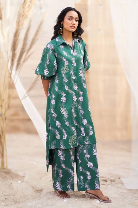 Shop Charkhee Green Cotton Satin Zari Collared Leaf-print Co-ord Set Online at Aza Fashions Shop_Charkhee_Green Cotton Satin Zari Collared Leaf-print Co-ord Set _Online_at_Aza_Fashions