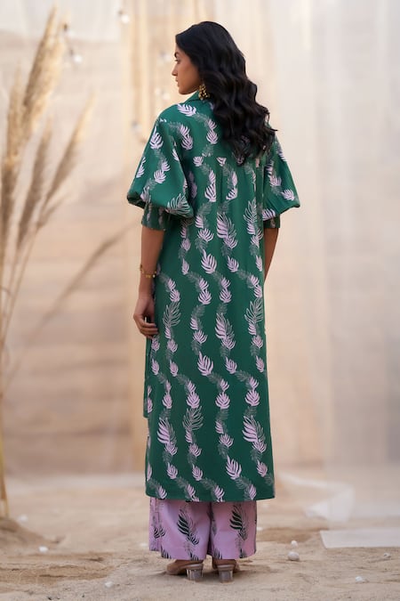 Shop_Charkhee_Green Cotton Satin Zari Collared Leaf Print Kurta And Pant Set _at_Aza_Fashions