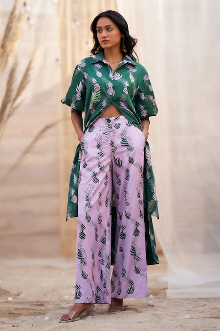 Shop_Charkhee_Green Cotton Satin Zari Collared Leaf Print Kurta And Pant Set _Online_at_Aza_Fashions