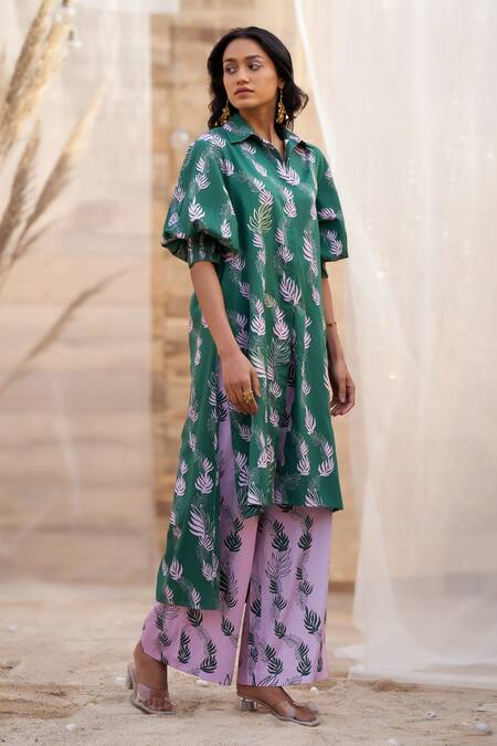 Charkhee_Green Cotton Satin Zari Collared Leaf Print Kurta And Pant Set _at_Aza_Fashions