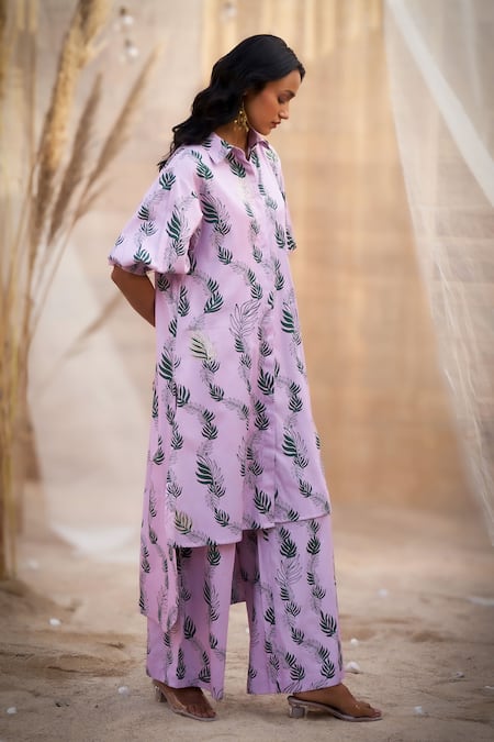 Charkhee_Pink Cotton Satin Zari Collared Charming Leaf-print Co-ord Set _Online_at_Aza_Fashions