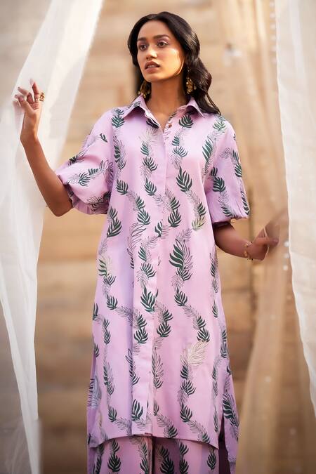 Buy_Charkhee_Pink Cotton Satin Zari Collared Charming Leaf-print Co-ord Set _Online_at_Aza_Fashions