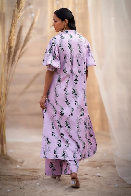 Shop_Charkhee_Pink Cotton Satin Zari Collared Charming Leaf-print Co-ord Set _at_Aza_Fashions