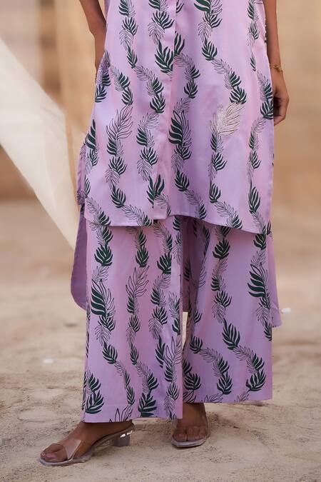 Shop_Charkhee_Pink Cotton Satin Zari Collared Charming Leaf-print Co-ord Set _Online_at_Aza_Fashions