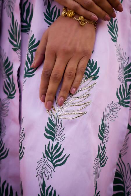 Charkhee_Pink Cotton Satin Zari Collared Charming Leaf-print Co-ord Set _at_Aza_Fashions