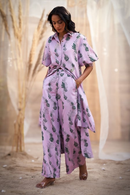 Buy_Charkhee_Pink Cotton Satin Zari Collared Charming Leaf-print Co-ord Set 