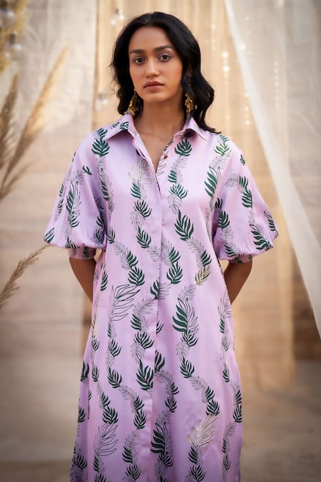 Shop_Charkhee_Pink Cotton Satin Zari Collared Charming Leaf-print Co-ord Set 