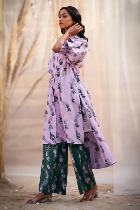 Charkhee_Pink Cotton Satin Zari Collared Leaf Print Kurta Set _Online_at_Aza_Fashions