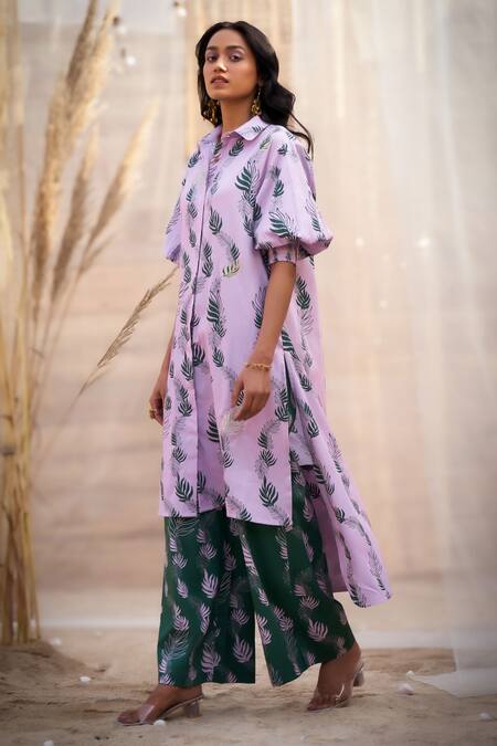 Buy_Charkhee_Pink Cotton Satin Zari Collared Leaf Print Kurta Set _Online_at_Aza_Fashions