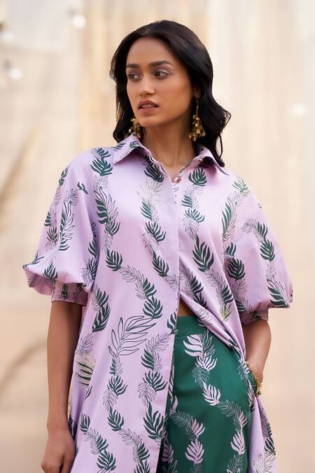 Shop_Charkhee_Pink Cotton Satin Zari Collared Leaf Print Kurta Set _Online_at_Aza_Fashions