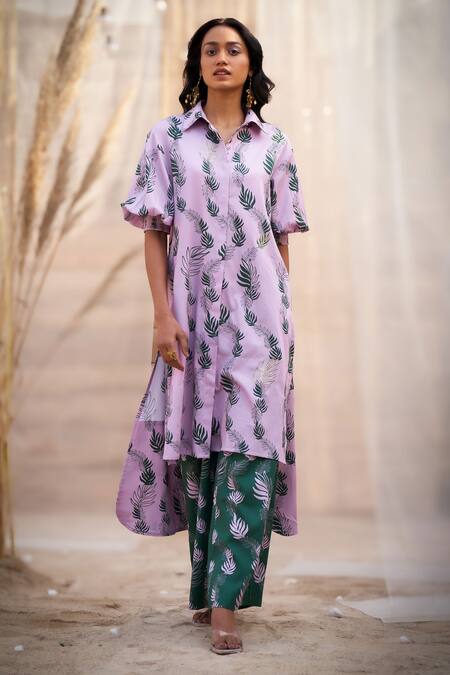 Charkhee_Pink Cotton Satin Zari Collared Leaf Print Kurta Set _at_Aza_Fashions