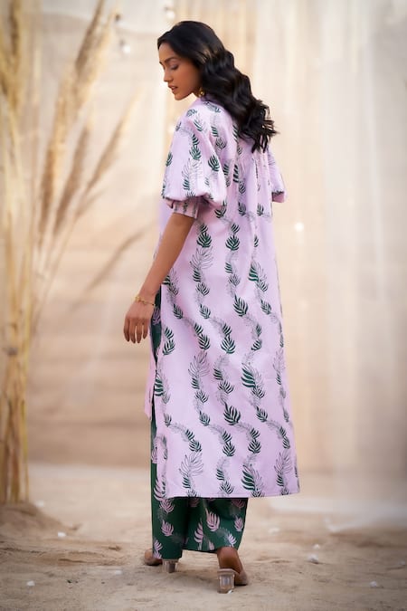 Shop_Charkhee_Pink Cotton Satin Zari Collared Leaf Print Kurta Set _at_Aza_Fashions