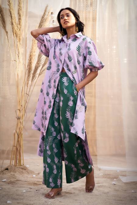 Buy_Charkhee_Pink Cotton Satin Zari Collared Leaf Print Kurta Set 