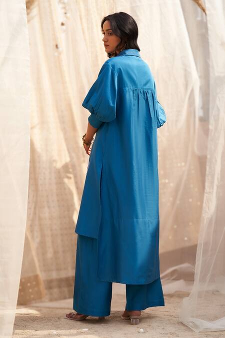 Shop_Charkhee_Blue Cotton Satin Collared Leaf Printed Co-ord Set _at_Aza_Fashions