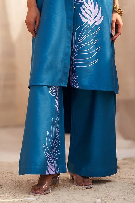 Charkhee_Blue Cotton Satin Collared Leaf Printed Co-ord Set _Online_at_Aza_Fashions
