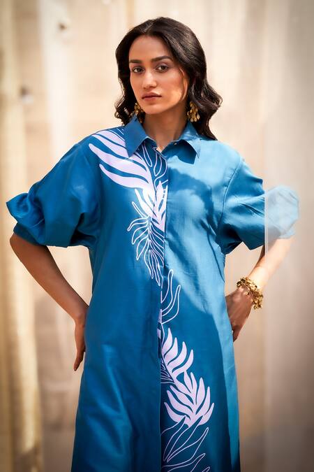 Shop_Charkhee_Blue Cotton Satin Collared Leaf Printed Co-ord Set _Online_at_Aza_Fashions