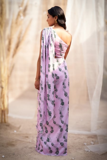 Charkhee Leaf-Printed Drape Saree Gown 