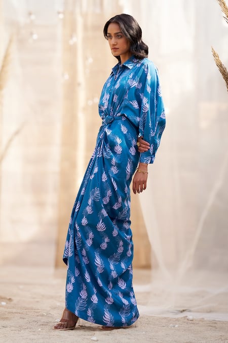 Charkhee Blue Cotton Satin Collared Drape Skirt Dress With Neckline Online at Aza Fashions Charkhee_Blue Cotton Satin Collared Drape Skirt Dress With Neckline _Online_at_Aza_Fashions