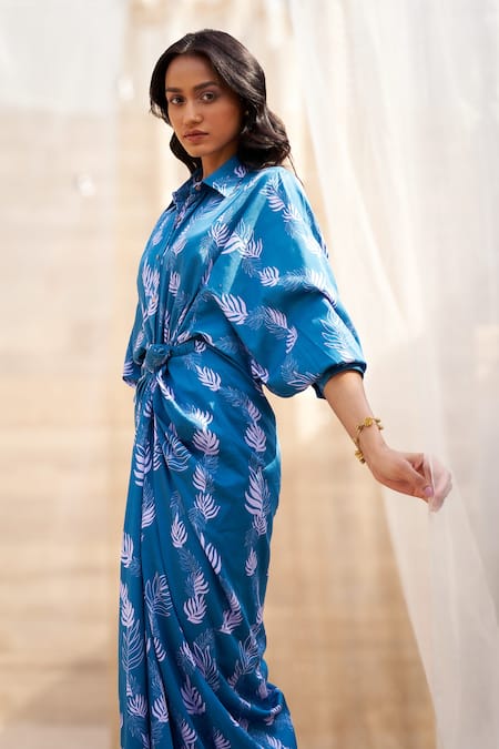 Buy Charkhee Blue Cotton Satin Collared Drape Skirt Dress With Neckline Online at Aza Fashions Buy_Charkhee_Blue Cotton Satin Collared Drape Skirt Dress With Neckline _Online_at_Aza_Fashions