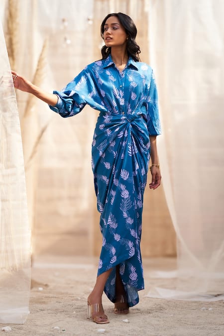 Shop Charkhee Blue Cotton Satin Collared Drape Skirt Dress With Neckline Online at Aza Fashions Shop_Charkhee_Blue Cotton Satin Collared Drape Skirt Dress With Neckline _Online_at_Aza_Fashions