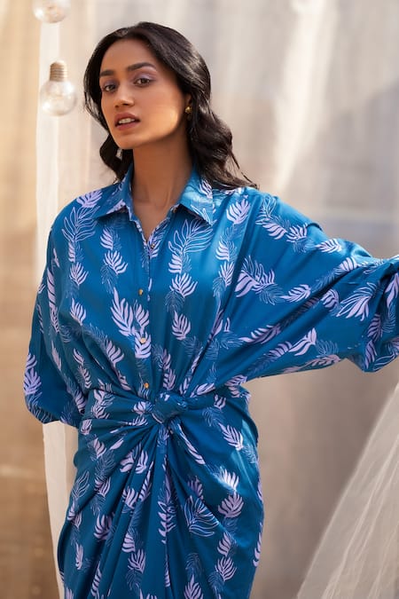 Charkhee Blue Cotton Satin Collared Drape Skirt Dress With Neckline at Aza Fashions Charkhee_Blue Cotton Satin Collared Drape Skirt Dress With Neckline _at_Aza_Fashions