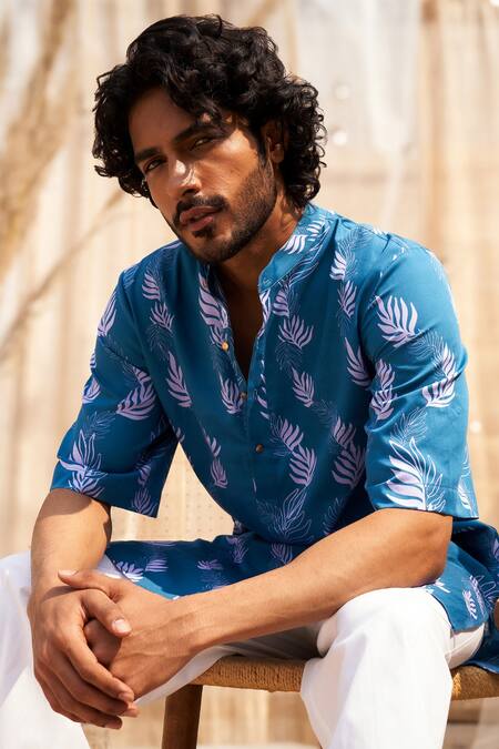 Charkhee Blue Cotton Satin, Poplin Leaf Print Ocean Kurta Set Online at Aza Fashions Charkhee_Blue Cotton Satin, Poplin Leaf Print Ocean Kurta Set _Online_at_Aza_Fashions