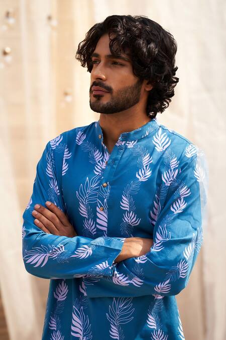 Buy Charkhee Blue Cotton Satin, Poplin Leaf Print Ocean Kurta Set Online at Aza Fashions Buy_Charkhee_Blue Cotton Satin, Poplin Leaf Print Ocean Kurta Set _Online_at_Aza_Fashions