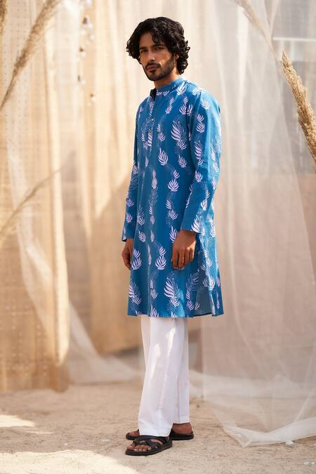 Shop Charkhee Blue Cotton Satin, Poplin Leaf Print Ocean Kurta Set Online at Aza Fashions Shop_Charkhee_Blue Cotton Satin, Poplin Leaf Print Ocean Kurta Set _Online_at_Aza_Fashions