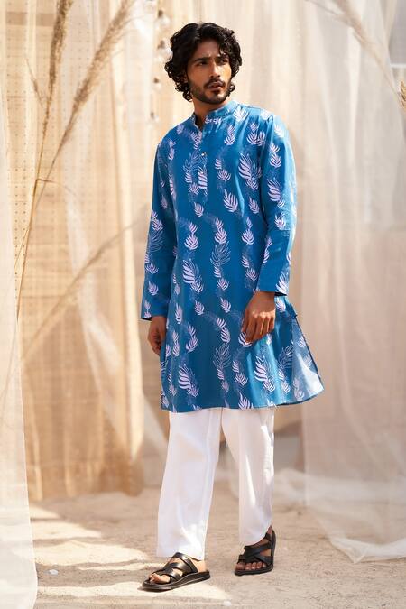 Charkhee Blue Cotton Satin, Poplin Leaf Print Ocean Kurta Set at Aza Fashions Charkhee_Blue Cotton Satin, Poplin Leaf Print Ocean Kurta Set _at_Aza_Fashions