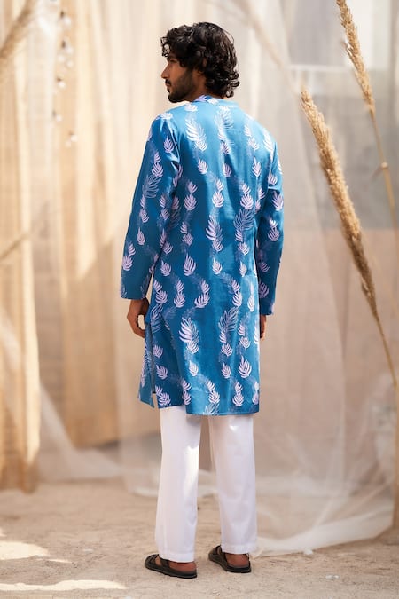 Shop Charkhee Blue Cotton Satin, Poplin Leaf Print Ocean Kurta Set at Aza Fashions Shop_Charkhee_Blue Cotton Satin, Poplin Leaf Print Ocean Kurta Set _at_Aza_Fashions