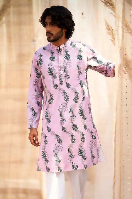 Buy Charkhee Pink Cotton Satin, Poplin Leaf Print Kurta Set Online at Aza Fashions Buy_Charkhee_Pink Cotton Satin, Poplin Leaf Print Kurta Set _Online_at_Aza_Fashions