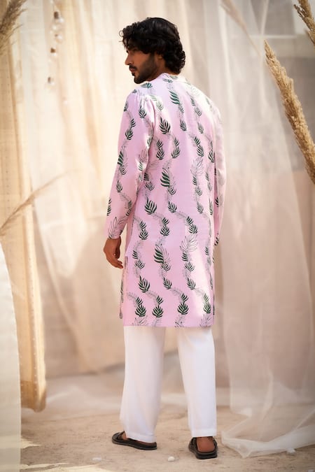 Shop Charkhee Pink Cotton Satin, Poplin Leaf Print Kurta Set at Aza Fashions Shop_Charkhee_Pink Cotton Satin, Poplin Leaf Print Kurta Set _at_Aza_Fashions