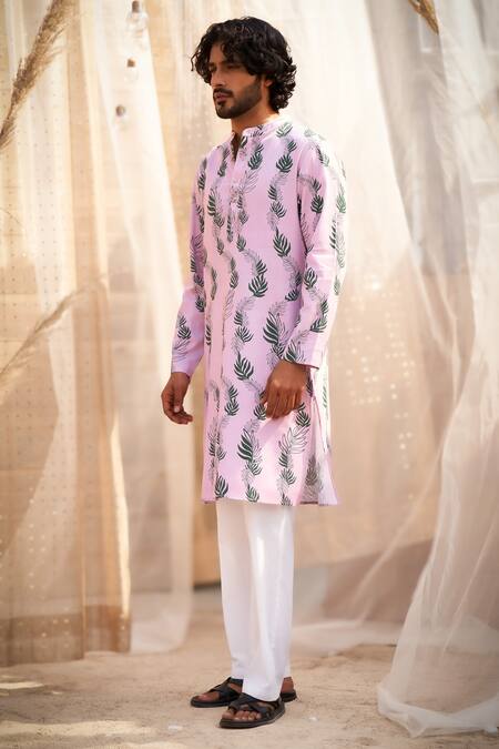 Shop Charkhee Pink Cotton Satin, Poplin Leaf Print Kurta Set Online at Aza Fashions Shop_Charkhee_Pink Cotton Satin, Poplin Leaf Print Kurta Set _Online_at_Aza_Fashions